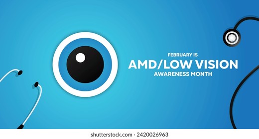 AMD Low vision awareness month. With vector illustration of eye and stestopskop. Banners, cards, posters, social media and more. Blue Background