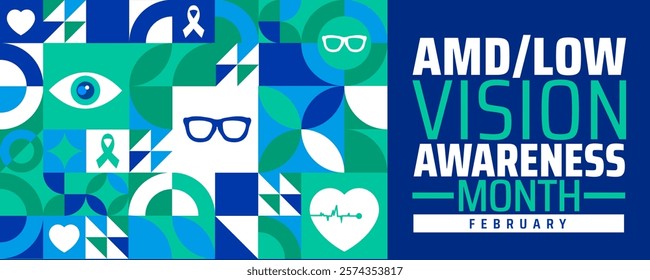 AMD Low Vision Awareness Month geometric shape pattern background banner or poster design template. observed every year in February. Holiday concept. Use to any Template, card, poster, placard.