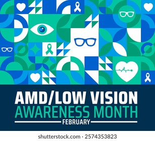 AMD Low Vision Awareness Month geometric shape pattern background banner or poster design template. observed every year in February. Holiday concept. Use to any Template, card, poster, placard.