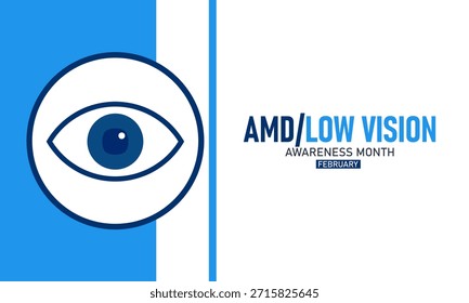 AMD Low Vision Awareness Month Poster Banner and Background Design Template Featuring Eye Icon, Medical Symbols, and Vision Aid Illustration for Eye Health Education, Prevention, and February Awareness Campaign