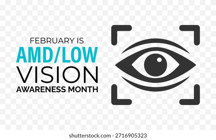 El Mes de Concientización sobre la Baja Visión de AMD o AMD es cada año en febrero. Diseño para Anuncio, tarjetas, impresiones, redes sociales, póster, volante y Plantilla de diseño de fondo.