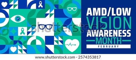 AMD Low Vision Awareness Month geometric shape pattern background banner or poster design template. observed every year in February. Holiday concept. Use to any Template, card, poster, placard.