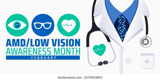 AMDLow or AMD Low Vision Awareness Month background banner or poster design template. observed every year in February. Holiday concept. Use to any Template, card, poster, placard, template.