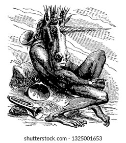 Amduscias, Grand Duke in hell showed himself under a human figure who command 29 legions and trees bow to his commands, vintage engraved line art illustration. Infernal Dictionary 1863.
