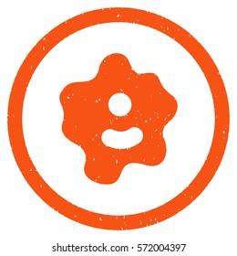 Ameba grainy textured icon inside circle for overlay watermark stamps. Flat symbol with dirty texture. Circled dotted vector orange ink rubber seal stamp with grunge design on a white background.