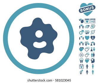 Ameba icon with bonus romantic design elements. Vector illustration style is flat iconic cyan and blue symbols on white background.