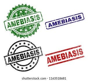 AMEBIASIS seal prints with damaged texture. Black, green,red,blue vector rubber prints of AMEBIASIS title with dirty texture. Rubber seals with round, rectangle, medallion shapes.