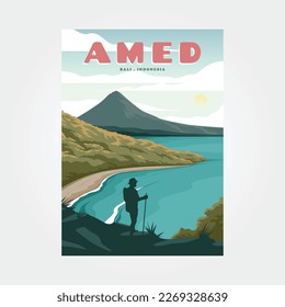 amed beach bali travel vintage poster illustration design, sea view landscape background design