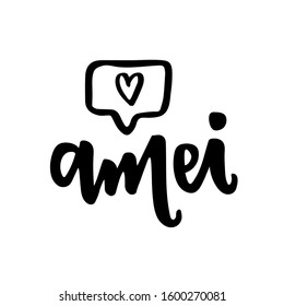 Amei. I loved. Brazilian Portuguese Hand Lettering word with social media icon heart. Vector.