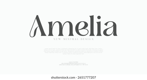 Amelia Elegant awesome alphabet letters font and number. Minimal Lettering vintage Retro Designs. Typography decoration fonts for branding, wedding, logos. vector illustration