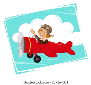 Amelia Flying - Cute cartoon of Amelia Earhart flying in her red plane. Eps10