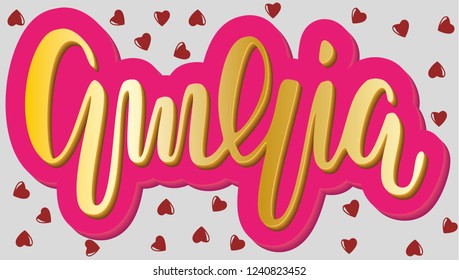 Amelia Woman's name heart pattern Hand sketched lettering vector illustration EPS 10.Template as banner, card, design, print, poster. Typography wallpaper. Modern calligraphy. Drawn inspirational