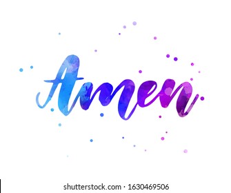 Amen - handwritten modern calligraphy lettering. Blue and purple colored watercolor text with abstract dots decoration