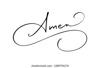 Amen vector calligraphy Bible text. Christian phrase isolated on white background. Hand drawn vintage lettering illustration