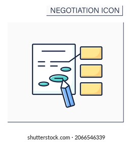 Icono de color de enmienda. Cambio menor o adición para mejorar el texto del acuerdo. Corrección de acuerdo. Concepto de negociación. Ilustración vectorial aislada 