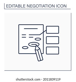 Amendment line icon. Minor change or addition to improve deal text. Correction in agreement. Negotiation concept. Isolated vector illustration. Editable stroke