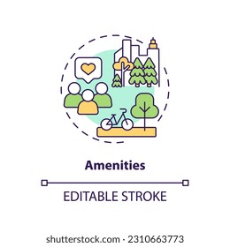 Amenities concept icon. Real estate. Housing cooperative. Quality of life. Residential community. Social interaction abstract idea thin line illustration. Isolated outline drawing. Editable stroke