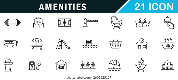 Amenities editable outline icon set.