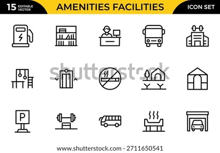 Amenities facilities line icon set. hotel parking restaurant park swimming pool. Thin outline icons pack. Vector illustration