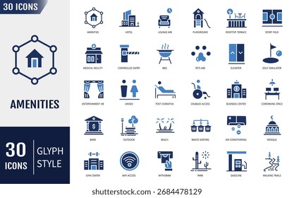 Conjunto de iconos planos de servicios. Contiene zona de salón, estacionamiento, parque infantil, spa y más. Ilustración vectorial
