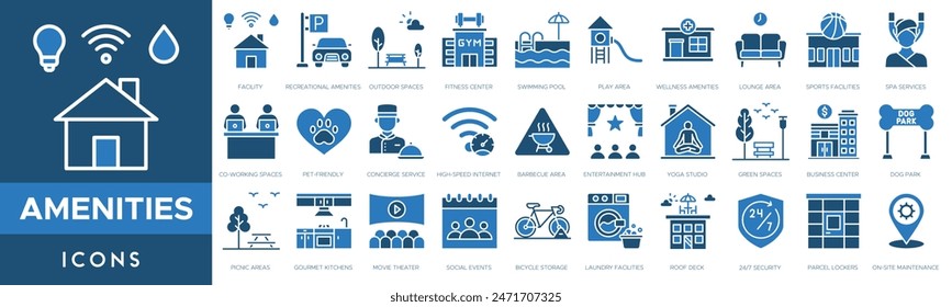 Amenities icon set. Facility, Recreational Amenities, Outdoor Spaces, Fitness Center, Swimming Pool, Play Area and Wellness Amenities