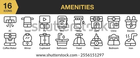 Amenities icon set. Includes soap, wifi, gym, clinic, electric, food, stove, iron, and More. Outline icons vector collection.