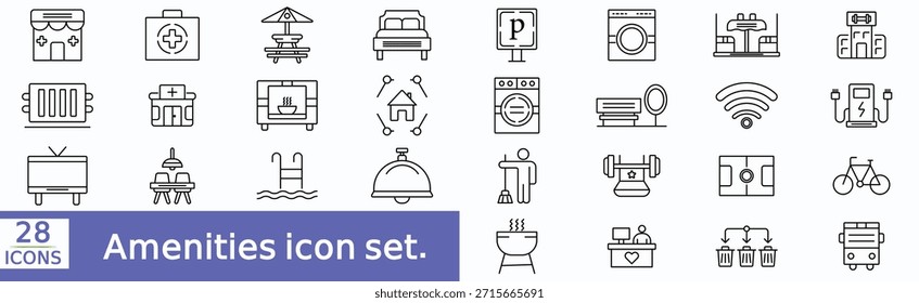 Conjunto de iconos editable de línea de servicios. Contiene zona de salón, estacionamiento, parque infantil, entretenimiento, instalaciones, clínica y más