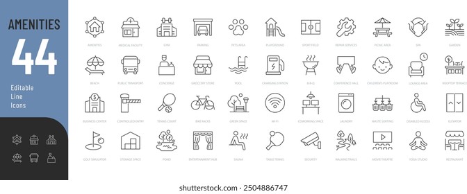 Amenities Line Editable Icons set. Vector illustration in modern thin line style of community space related icons: lounge zone, parking, playground, spa, and more. Pictograms and infographics