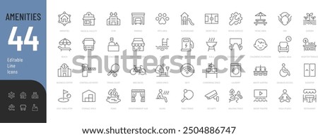 Amenities Line Editable Icons set. Vector illustration in modern thin line style of community space related icons: lounge zone, parking, playground, spa, and more. Pictograms and infographics