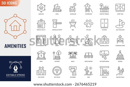Amenities Line Editable Icons set. Containing lounge zone, parking, playground, spa, and more. Vector illustration 