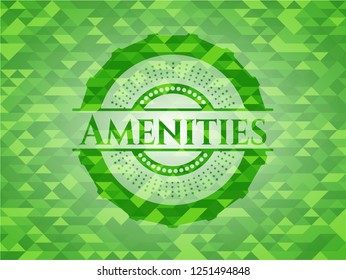 Amenities realistic green emblem. Mosaic background