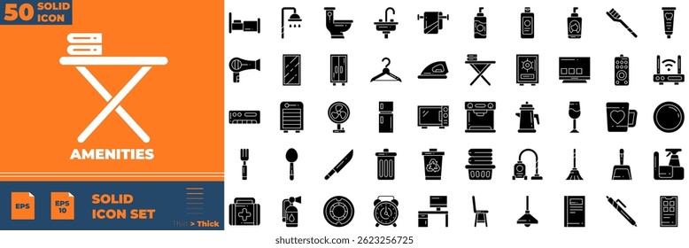 Amenities Solid Editable Icons set. Vector illustration in modern thin solid style of amenities icons: lounge zone, parking, playground, etc