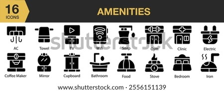 Amenities solid icon set. Includes soap, wifi, gym, clinic, electric, food, stove, iron, and More. Solid icons vector collection.