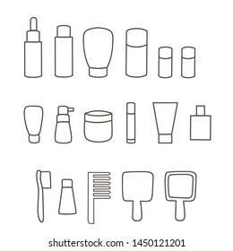 Amenity Kits - Comfort Kits include Cleansing, Foam, Toner, Serum, Moisturizer, Eye Cream, Oil, Lip therapy , Perfume, 
Toothpaste, Toothbrush, Mirror and Hair Illustration of the doodle designs