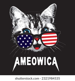 Ameowrica. Patriotic kitten in glasses with American's flag. Vector invitation.