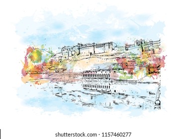 Amer Fort (Amber Fort) is a fort located in Amer, Rajasthan, India. Watercolor splash with Hand drawn sketch illustration in vector.