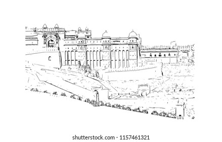 Amer Fort (Amber Fort) is a fort located in Amer, Rajasthan, India. Handdrawn sketch illustration in vector.