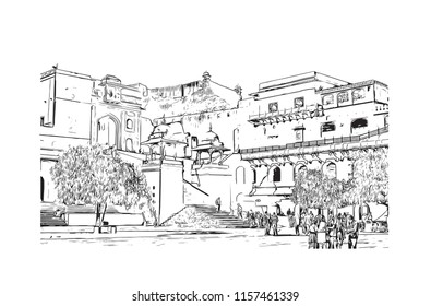 Amer Fort (Amber Fort) is a fort located in Amer, Rajasthan, India. Handdrawn sketch illustration in vector.