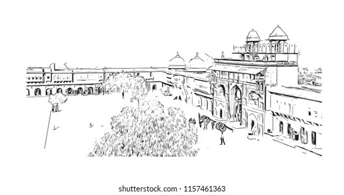 Amer Fort (Amber Fort) is a fort located in Amer, Rajasthan, India. Handdrawn sketch illustration in vector.