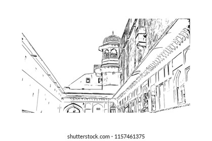 Amer Fort (Amber Fort) is a fort located in Amer, Rajasthan, India. Handdrawn sketch illustration in vector.