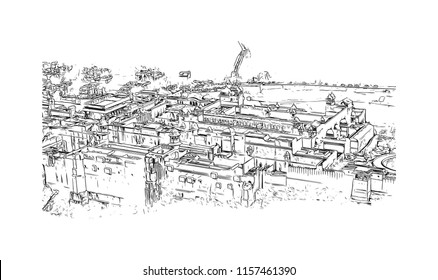 Amer Fort (Amber Fort) is a fort located in Amer, Rajasthan, India. Handdrawn sketch illustration in vector.