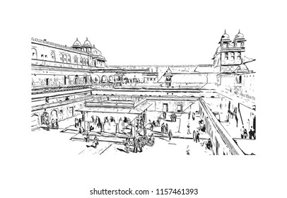 Amer Fort (Amber Fort) is a fort located in Amer, Rajasthan, India. Handdrawn sketch illustration in vector.