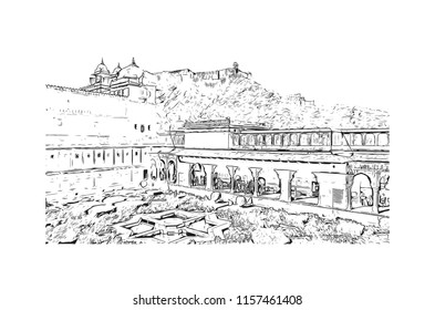 Amer Fort (Amber Fort) is a fort located in Amer, Rajasthan, India. Handdrawn sketch illustration in vector.