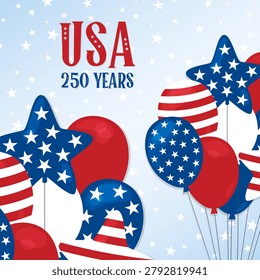 America 250 Years square poster, greeting card. USA Anniversary. Independence Day July 4 2026. Balloons bunch in American flag style with stars and stripes. Vector illustration. United States holiday, celebration.