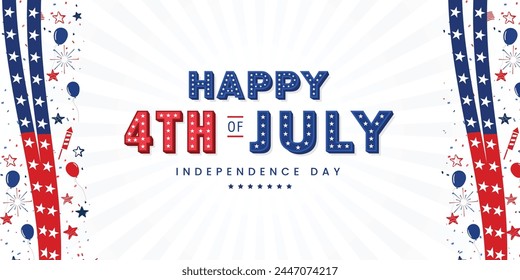 America 4th of July celebration banner background with united states of America red blue ribbon, lettering, firework, balloon, and many more. Vector illustration.