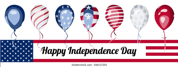 America 4th of July national holiday banner. Collection of balloons with USA flag elements. Horizontal vector illustration for Independence Day advertising, card, invitation.