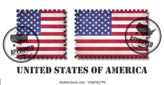 America or american flag pattern postage stamp with grunge old scratch texture and affix a seal on isolated background . Black color country name with abrasion . Square and rectangle shape . Vector .