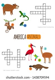 America animals mini crosswords for preschool kids vector illustration. Illustration of crossword animal frog and liana, platypus and hummingbird