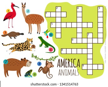 America animals set kids crossword vector illustration. Monkey and llama, frog and platypus