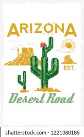 America Arizona style for t shirt. Western t-shirt hot shirt with desert, mountains and cactus. Label for typography or print. Fashion slogan with sun, trend music, college minimal vector illustration